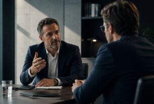 Consultor conduzindo uma conversa clara com um cliente em ambiente corporativo, simbolizando vendas baseadas em confiança.