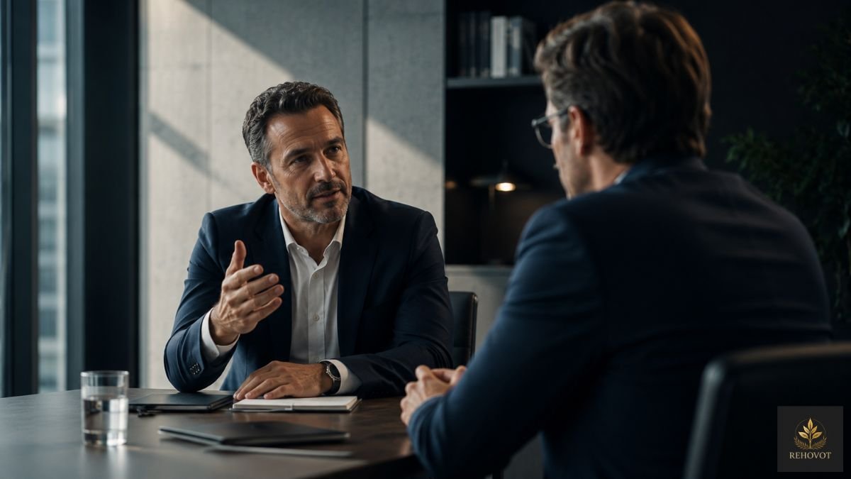 Consultor conduzindo uma conversa clara com um cliente em ambiente corporativo, simbolizando vendas baseadas em confiança.
