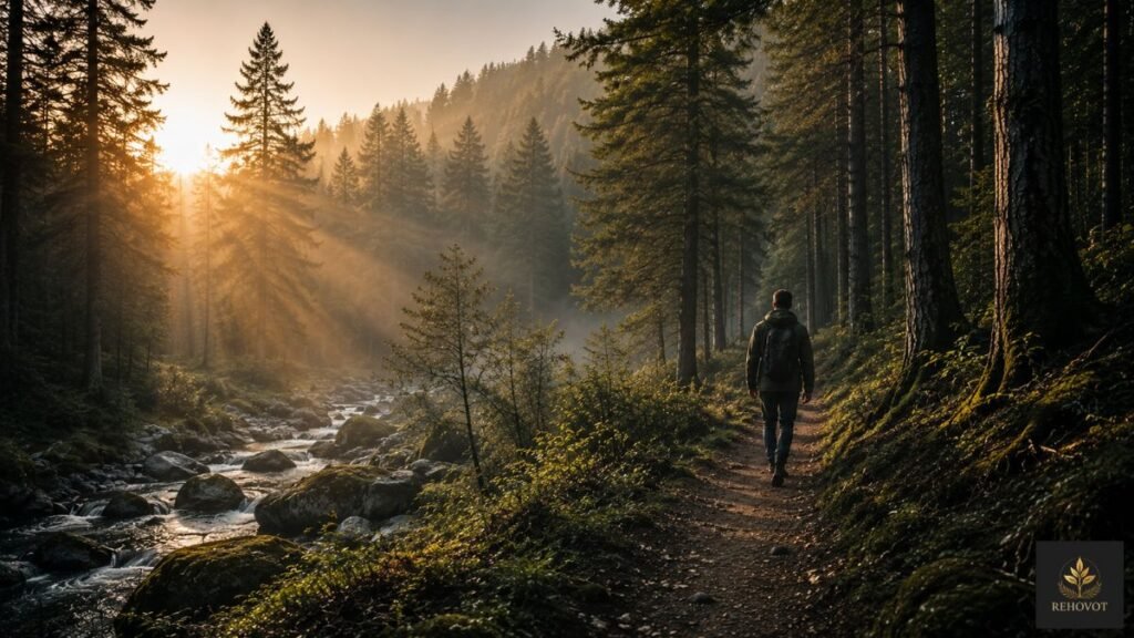 Homem caminhando sozinho em uma floresta ao amanhecer simbolizando o conflito entre sobrevivência instintiva e prosperidade de longo prazo.