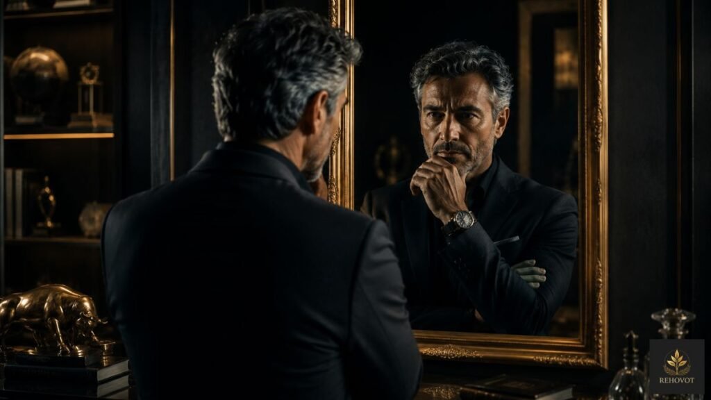 Homem elegante diante de um grande espelho refletindo expressão de autoconfronto antes de tomar uma decisão importante.