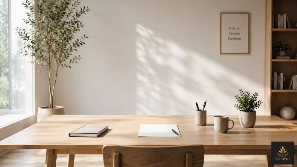 Mesa vazia e organizada em ambiente minimalista, sugerindo espaço mental disponível
