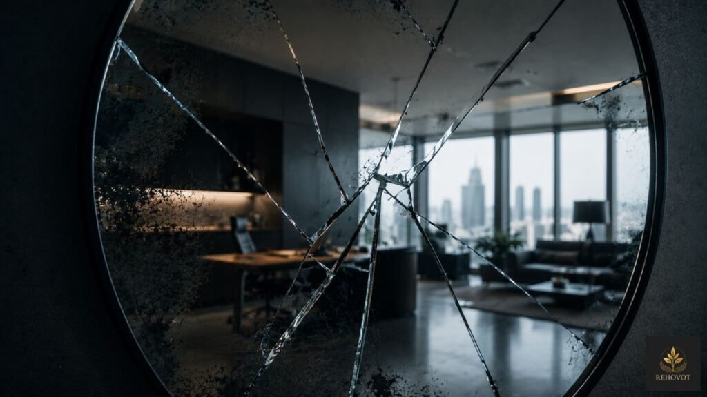 Reflexo fragmentado em um espelho quebrado simbolizando perda de confiança após decisões mal conduzidas.
