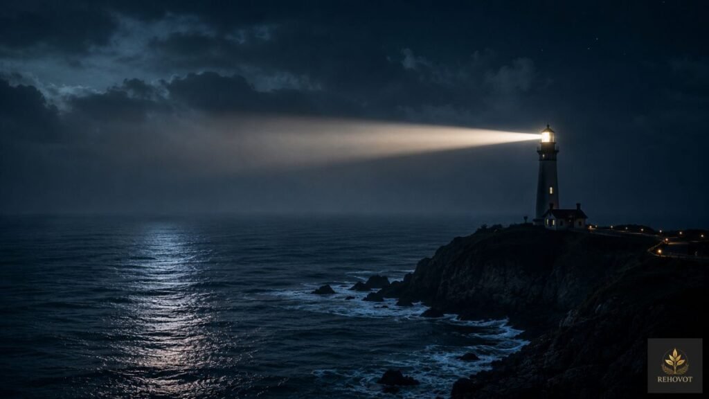 Farol iluminando o oceano durante a noite simbolizando orientação, confiança e clareza na tomada de decisão.
