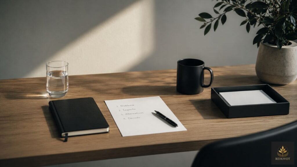 Mesa de trabalho organizada contendo apenas os elementos essenciais para uma decisão.