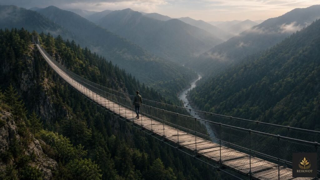 Pessoa atravessando uma ponte suspensa simbolizando confiança construída ao longo do tempo.