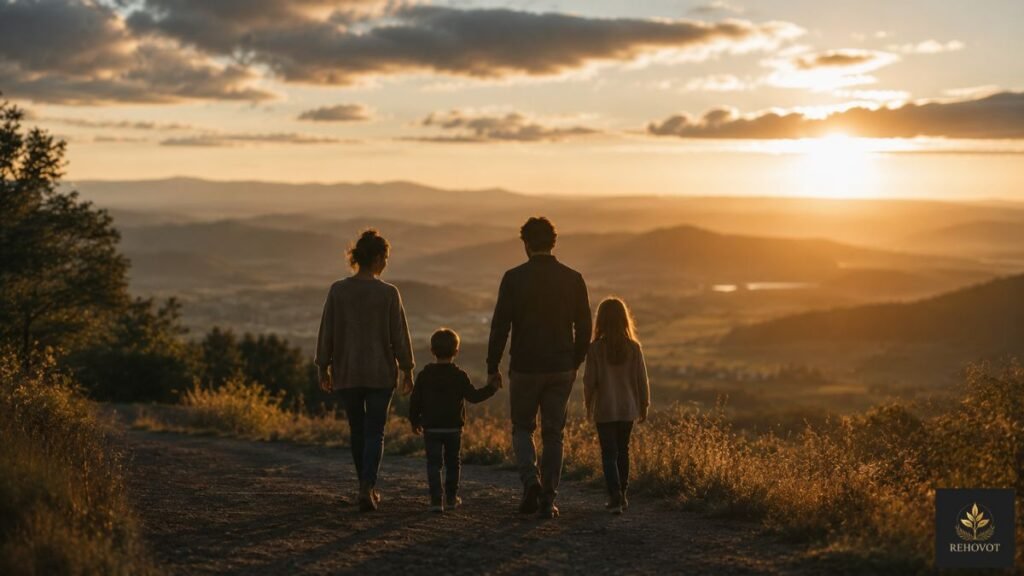 Família caminhando ao entardecer enquanto um adulto conduz uma criança, simbolizando responsabilidade, legado e prosperidade sustentável.