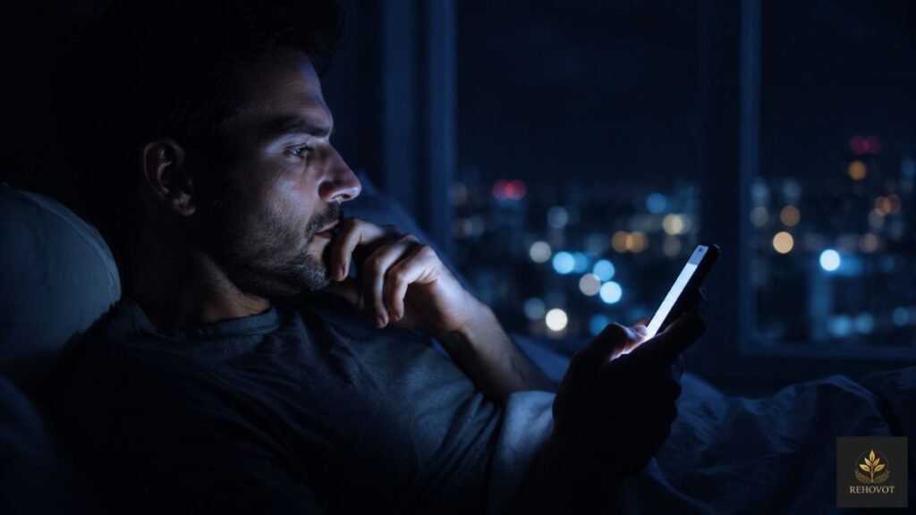 Mão hesitante sobre um celular à noite, luz azulada da tela, simbolizando decisão impulsiva