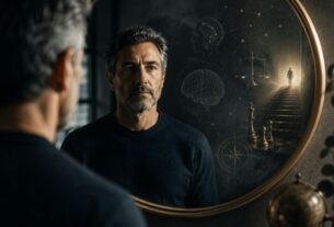 Homem observa o próprio reflexo enquanto símbolos sutis representam os vieses cognitivos que influenciam decisões e prosperidade.