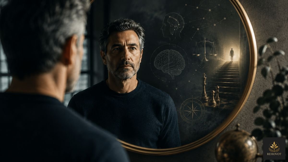 Homem observa o próprio reflexo enquanto símbolos sutis representam os vieses cognitivos que influenciam decisões e prosperidade.
