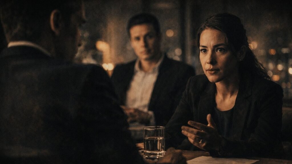 Executiva em reunião corporativa noturna mantendo contato visual firme e expressão focada, demonstrando atenção estratégica durante conversa decisiva