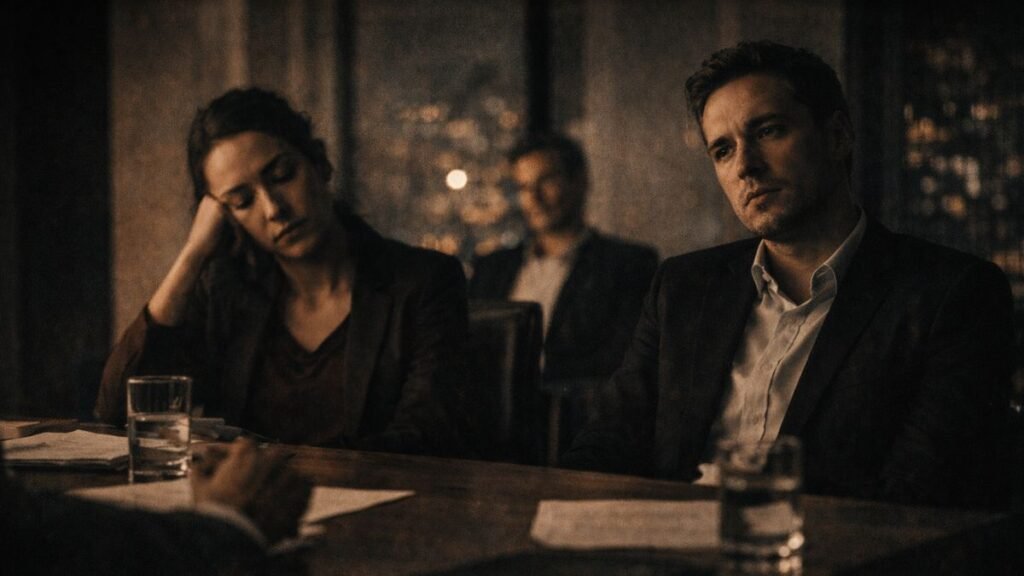 Executivos em reunião corporativa noturna com expressões apáticas e desconectadas, evidenciando ausência de presença e impacto na qualidade da interação