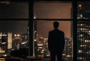 Executivo em pé diante de janela com vista noturna da cidade, em ambiente escuro e silencioso, representando introspecção, foco e presença estratégica