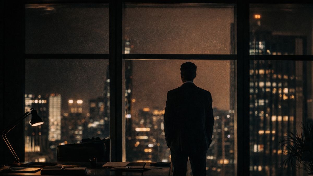 Executivo em pé diante de janela com vista noturna da cidade, em ambiente escuro e silencioso, representando introspecção, foco e presença estratégica