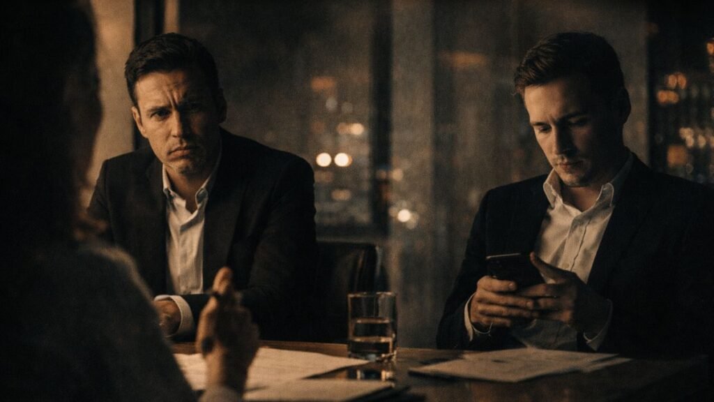 Dois executivos em reunião noturna, um atento e focado enquanto o outro olha para o celular, representando contraste entre presença e distração