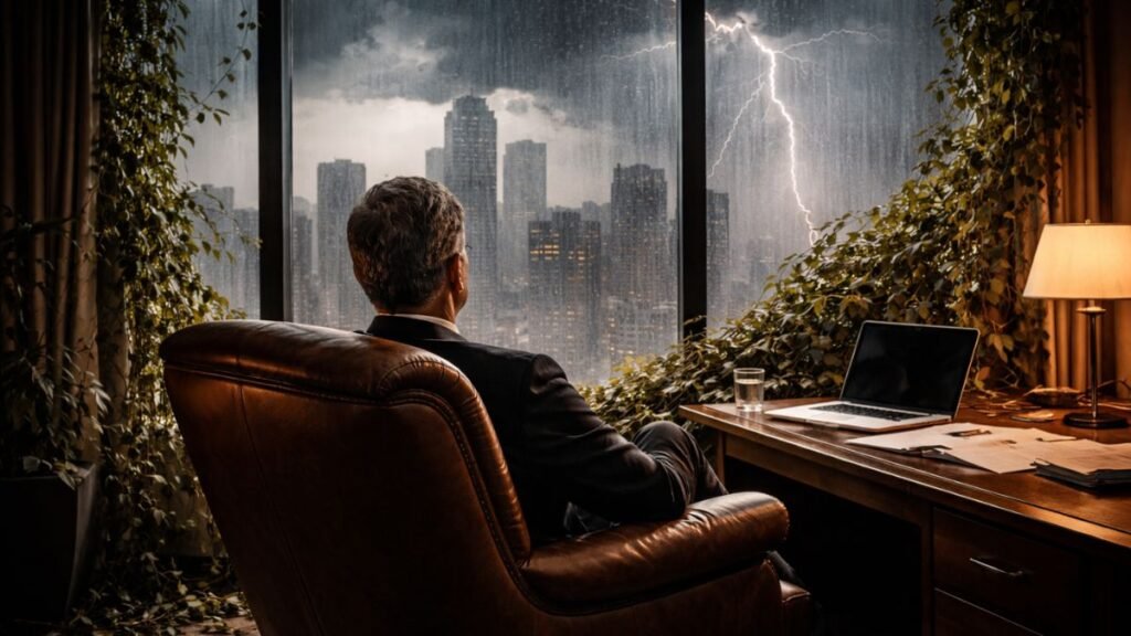 Executivo sentado em poltrona de couro observando uma tempestade com relâmpagos sobre a cidade através de grandes janelas de escritório, simbolizando liderança confortável enquanto o ambiente externo muda.