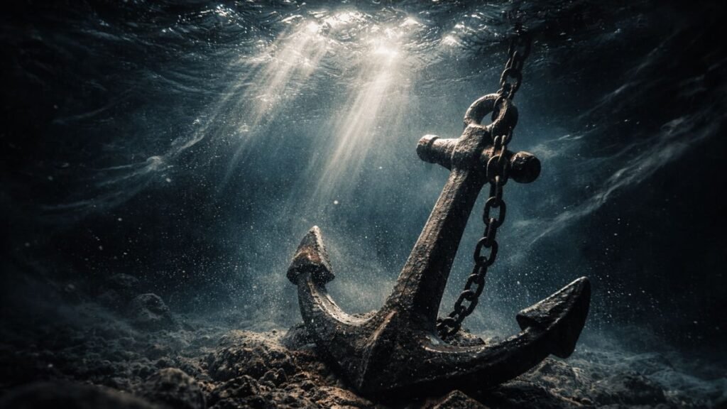 Âncora de ferro fundido repousando no fundo de um oceano escuro, com feixes de luz caóticos atravessando a água acima dela.