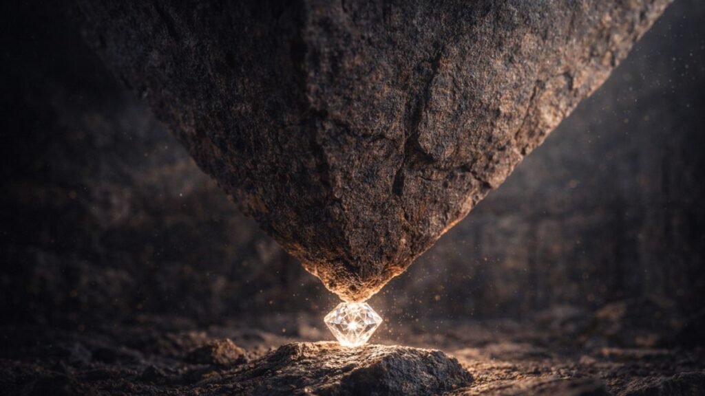Base de uma pirâmide invertida de pedra maciça equilibrada sobre um pequeno e brilhante núcleo de diamante em um ambiente escuro.