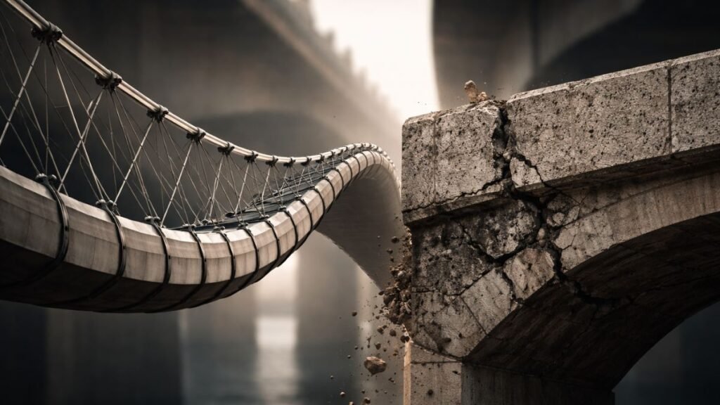 Comparação entre uma ponte metálica flexível sustentada por cabos e uma ponte de pedra rígida quebrando, simbolizando a diferença entre consistência adaptativa e rigidez estrutural na liderança.