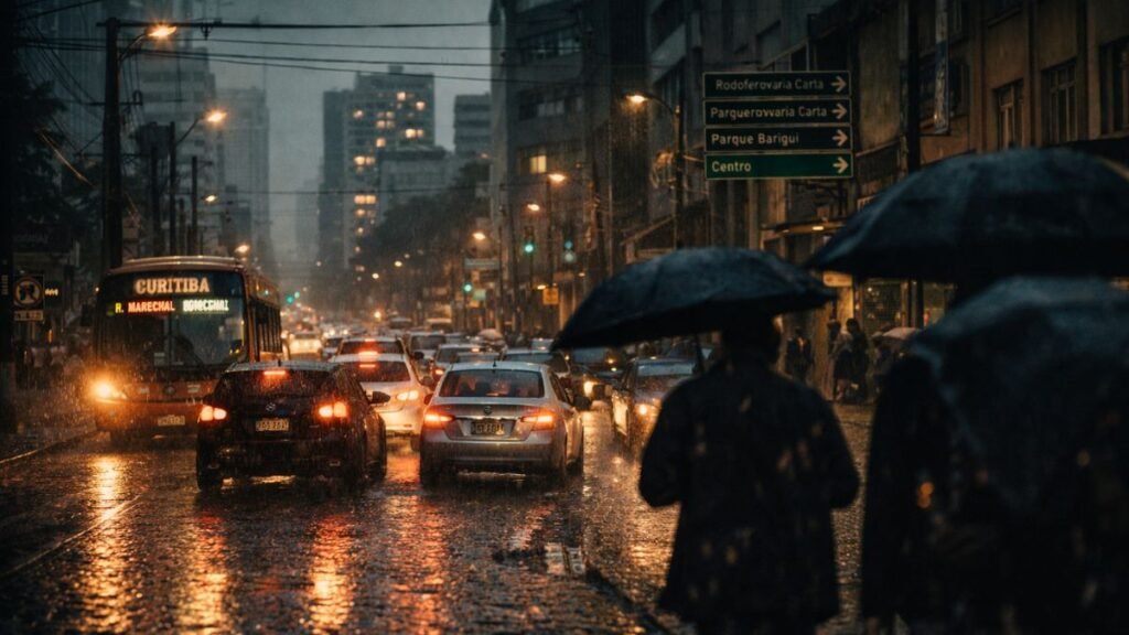 Rua movimentada em Curitiba sob chuva com ônibus, carros e pedestres, representando a dinâmica real da cidade e seus desafios urbanos
