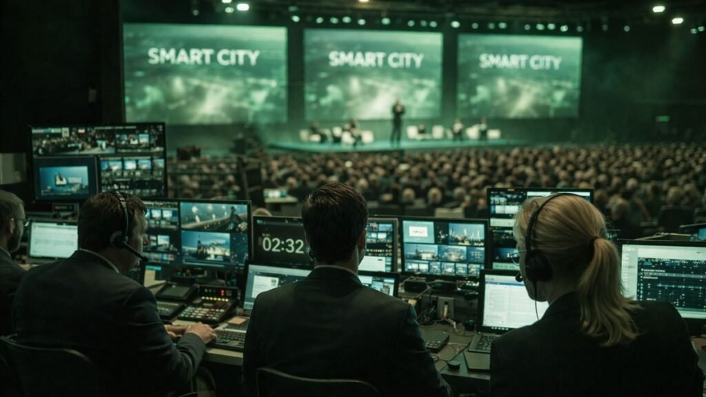 Equipe técnica operando múltiplos monitores em bastidores de evento Smart City com iluminação verde e ambiente de alta coordenação operacional