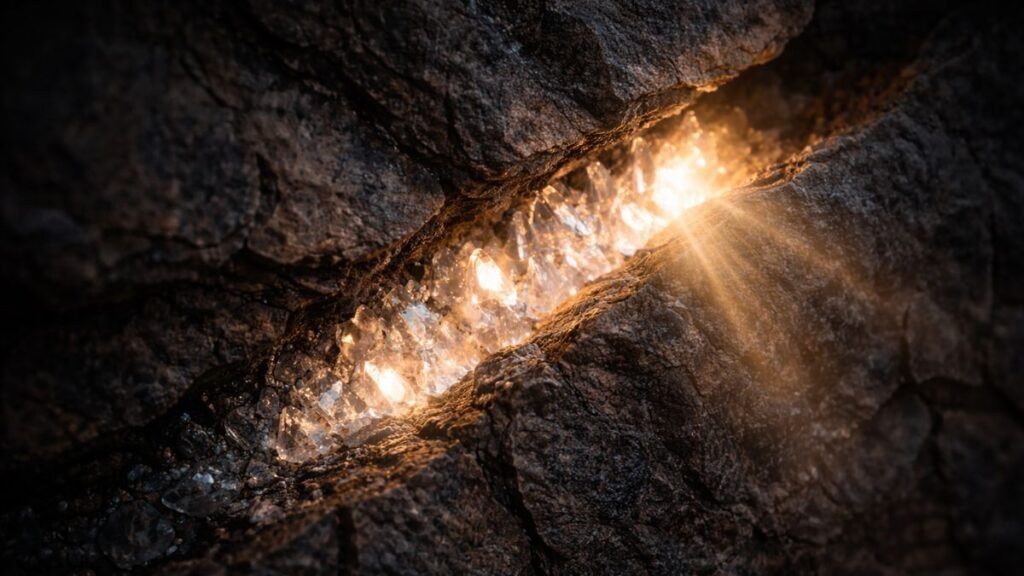Parede de pedra rústica com uma fenda onde a luz revela cristais translúcidos escondidos na textura mineral.