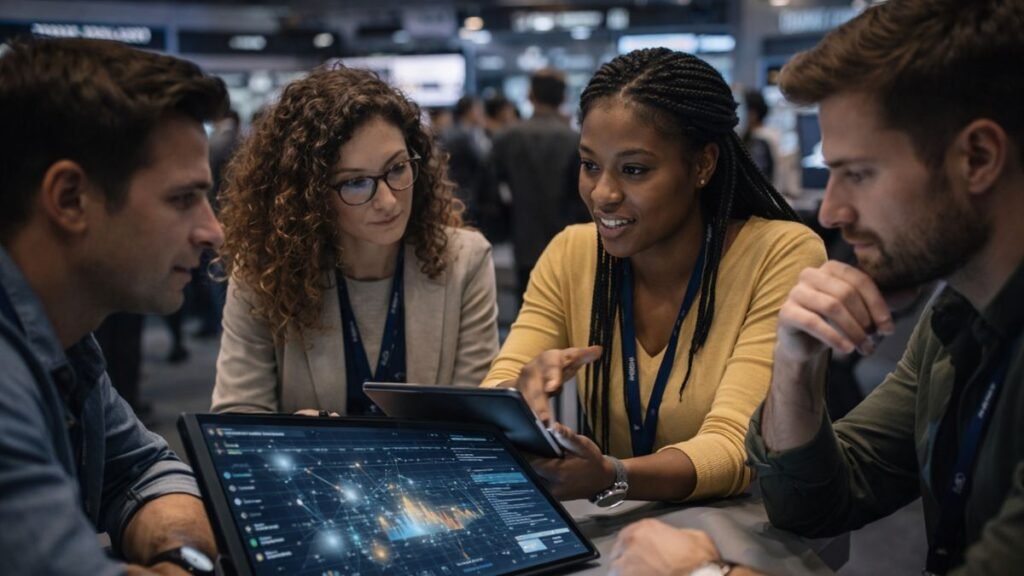 Profissionais analisando dados e tomando decisões em ambiente de inovação urbana