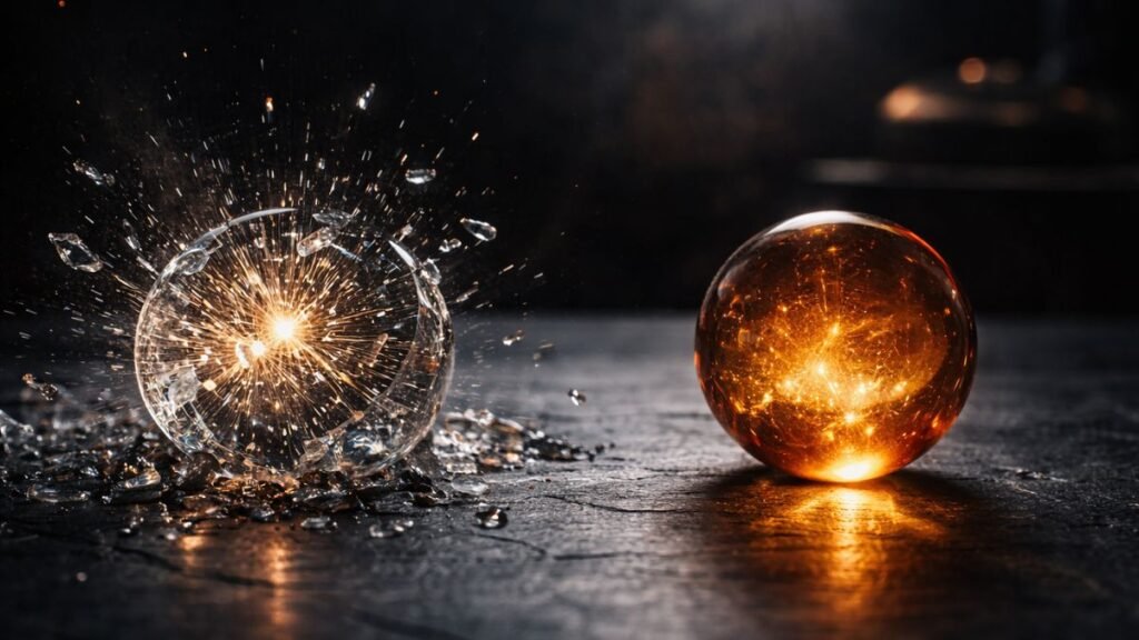 Duas esferas sobre uma mesa de ardósia escura; uma esfera de vidro estilhaçada ao lado de uma esfera de âmbar sólido que brilha internamente.