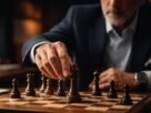 Homem maduro ajustando peça de xadrez rei em tabuleiro de madeira escura sob iluminação suave cinematográfica, simbolizando decisão estratégica e liderança adaptativa.