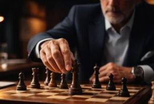 Homem maduro ajustando peça de xadrez rei em tabuleiro de madeira escura sob iluminação suave cinematográfica, simbolizando decisão estratégica e liderança adaptativa.