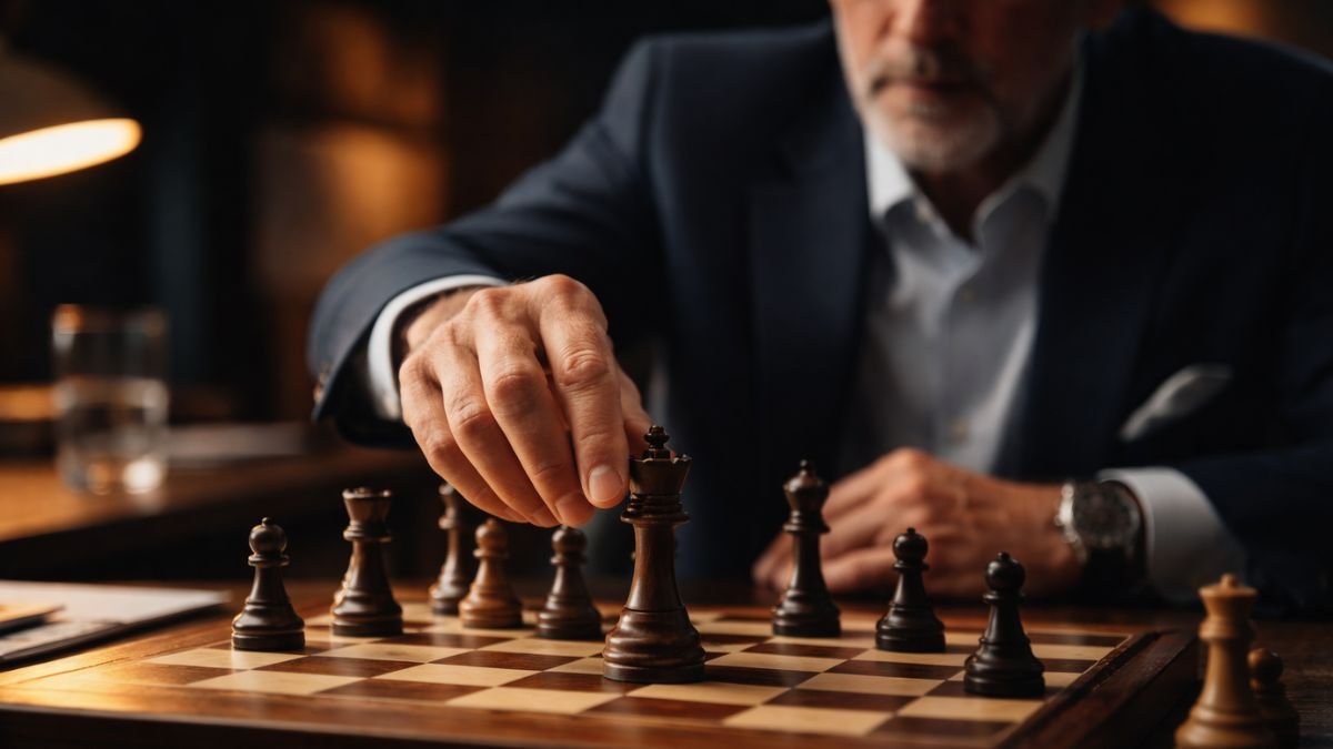 Homem maduro ajustando peça de xadrez rei em tabuleiro de madeira escura sob iluminação suave cinematográfica, simbolizando decisão estratégica e liderança adaptativa.