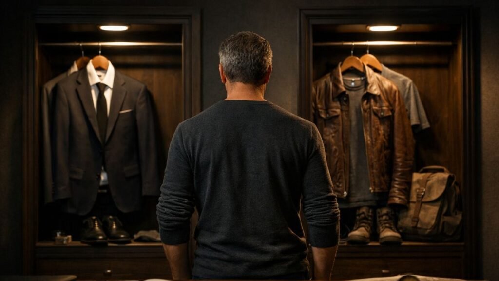 Homem visto de costas observando dois guarda-roupas iluminados, um com terno formal e outro com roupas casuais de exploração, simbolizando escolhas de estilo e adaptação de liderança ao contexto.