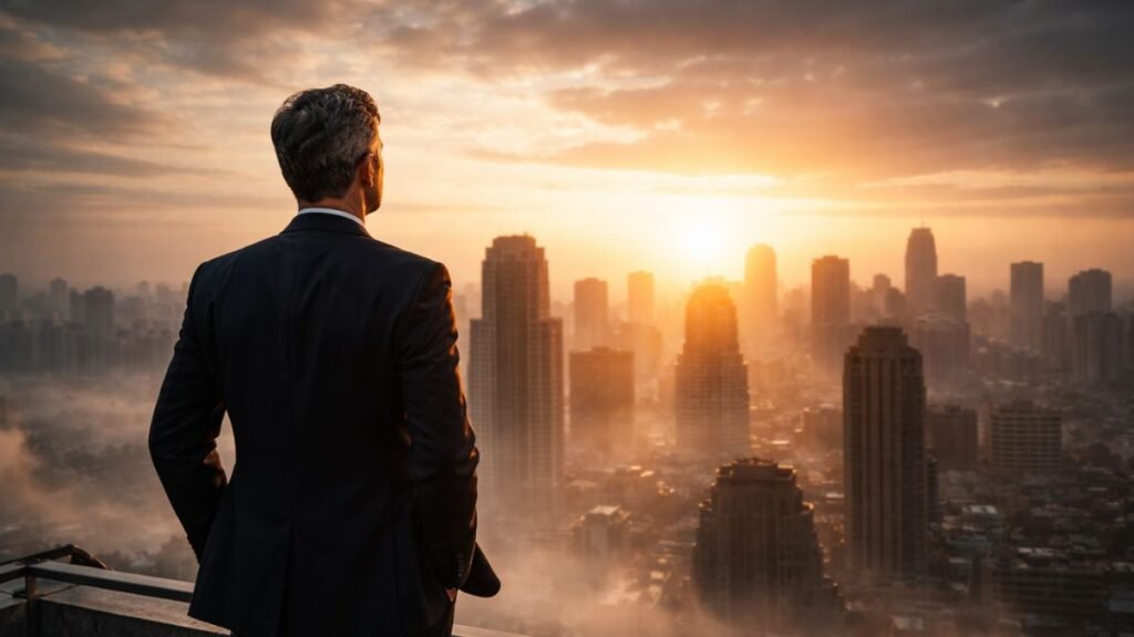 Executivo observando o nascer do sol sobre uma grande cidade a partir do topo de um edifício, simbolizando visão estratégica e antecipação de mudanças.