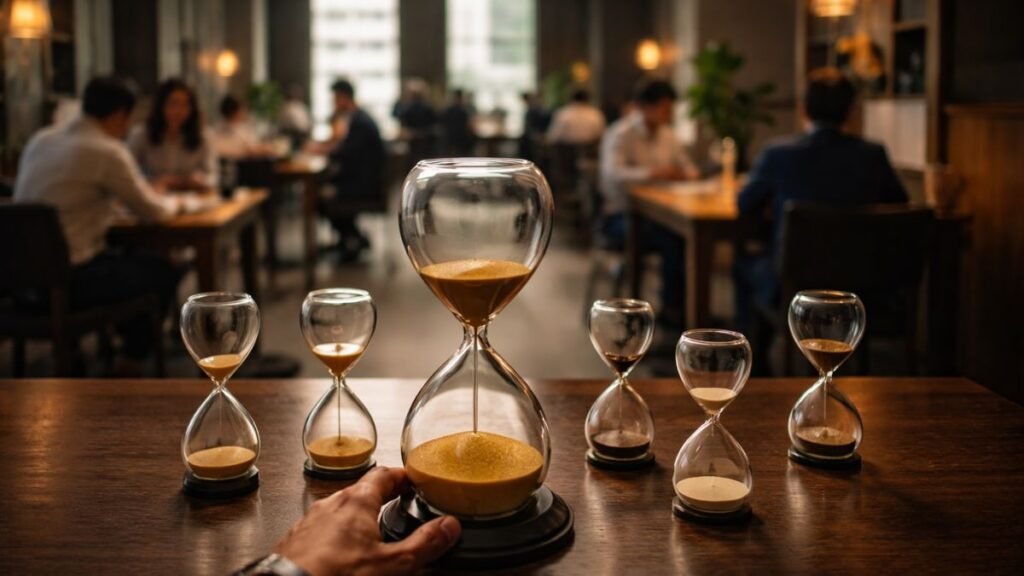 Conjunto de ampulhetas de tamanhos diferentes sobre mesa de madeira em escritório moderno, cada uma marcando tempos distintos enquanto profissionais trabalham desfocados ao fundo.