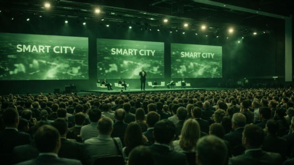 Auditório lotado em evento Smart City com palco iluminado em verde e múltiplas telas exibindo conteúdo sobre cidades inteligentes