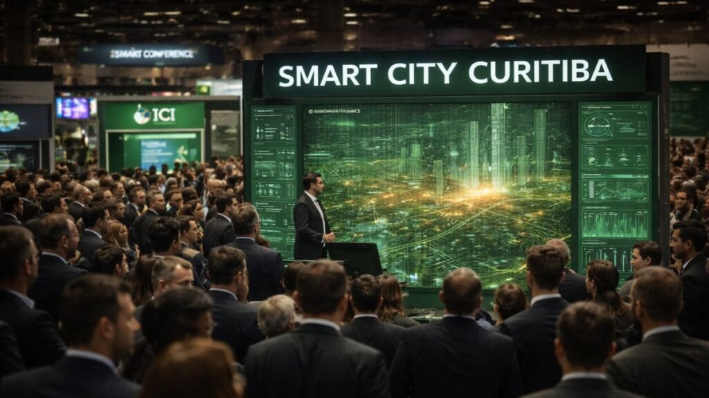 Visitantes circulando em área de exposição de cidades inteligentes em Curitiba