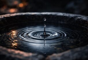 Close-up de alta definição de uma superfície de água escura em uma bacia de pedra, com uma única gota prestes a tocar o centro, criando círculos concêntricos perfeitos.