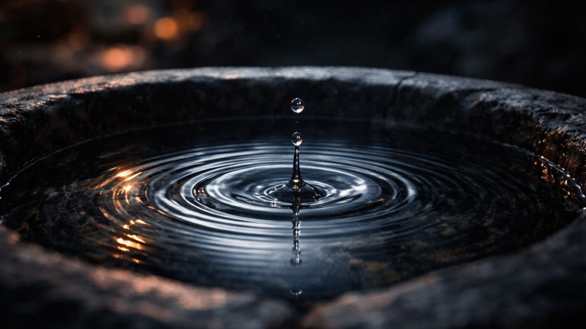 Close-up de alta definição de uma superfície de água escura em uma bacia de pedra, com uma única gota prestes a tocar o centro, criando círculos concêntricos perfeitos.