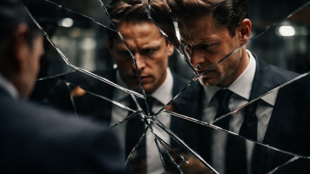 Espelho quebrado refletindo múltiplas imagens fragmentadas de uma pessoa simbolizando atenção dispersa.