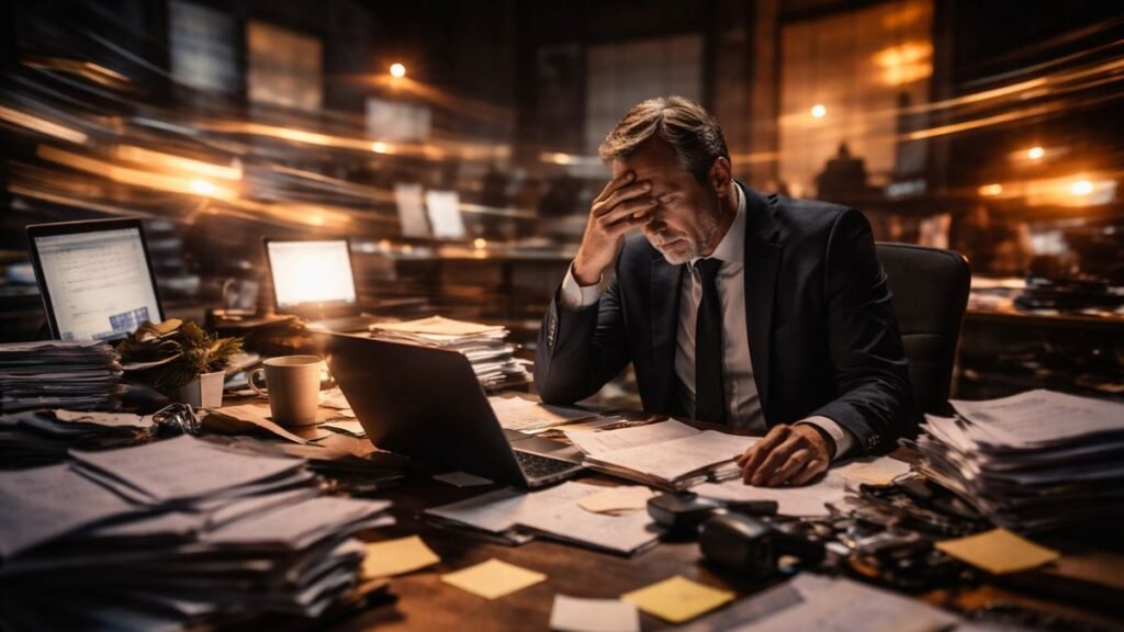 Executivo cansado sentado em mesa cheia de documentos e telas iluminadas em escritório noturno, simbolizando sobrecarga cognitiva e fragmentação da atenção na liderança.