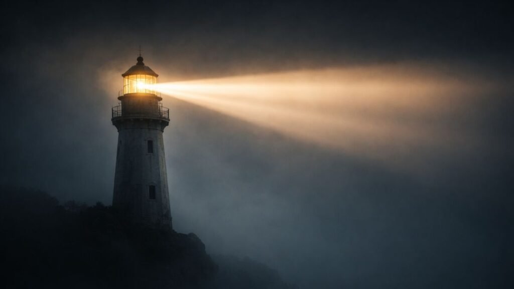 Farol iluminando mar escuro com feixe de luz atravessando neblina simbolizando clareza estratégica.