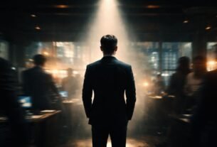 Executivo parado em luz concentrada enquanto movimento desfocado ao redor simboliza foco estratégico em ambiente de pressão.