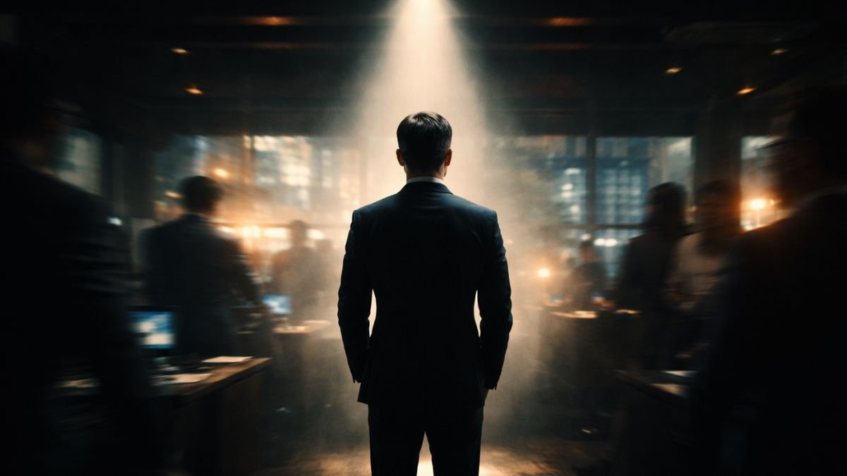 Executivo parado em luz concentrada enquanto movimento desfocado ao redor simboliza foco estratégico em ambiente de pressão.