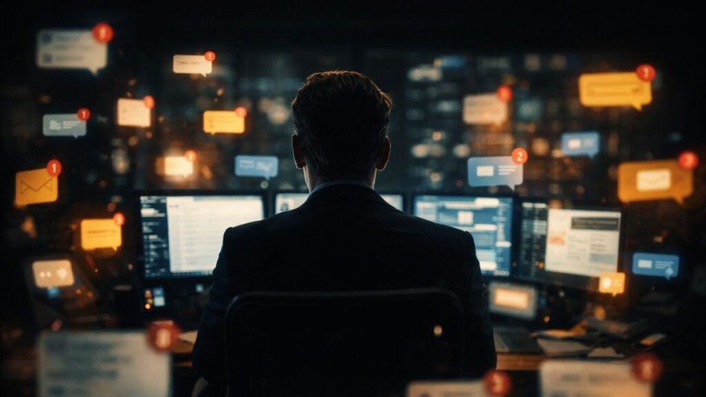 Executivo em escritório escuro cercado por telas e notificações luminosas simbolizando sobrecarga informacional.