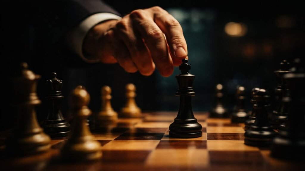 Tabuleiro de xadrez iluminado por luz suave com uma peça central destacada simbolizando decisão estratégica de longo prazo.