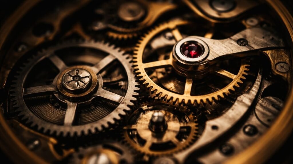 Engrenagens de relógio mecânico em funcionamento iluminadas dramaticamente simbolizando continuidade de pensamento.