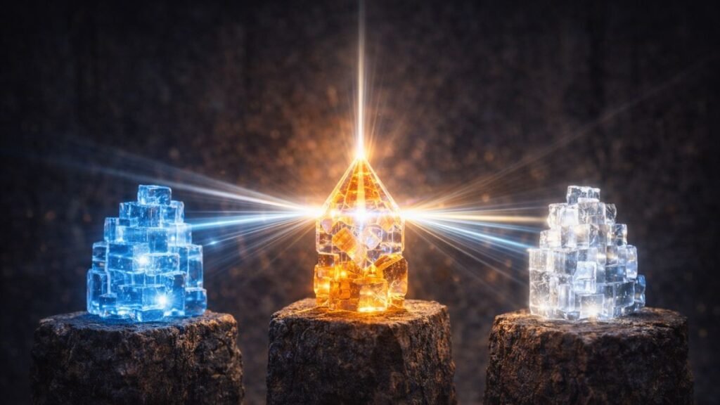 Três estruturas de cristal azul, âmbar e transparente sobre pedestais de pedra, alinhadas por um feixe de luz central em ambiente escuro, representando clareza de critérios e raciocínio estratégico em vendas consultivas complexas.