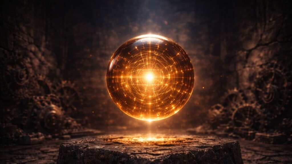 Uma peça de cristal incandescente no centro de um mecanismo complexo de engrenagens de metal enferrujado e desfocado ao fundo, em um museu escuro. A luz se expande e alinha as engrenagens.