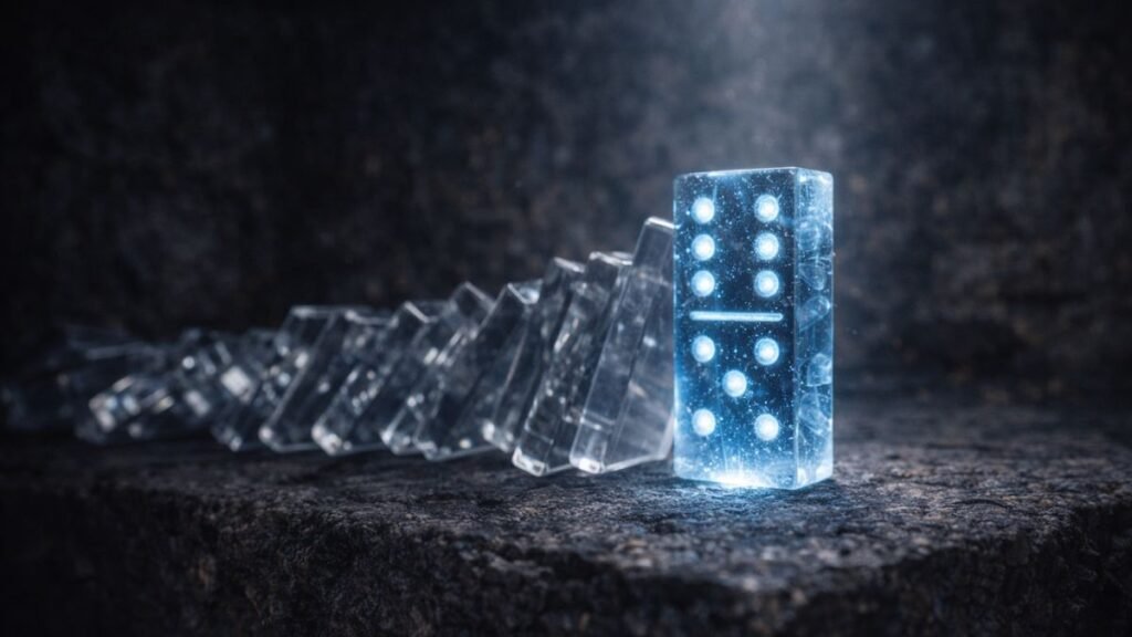 Peça de dominó translúcida iluminada em azul permanecendo em pé enquanto outras peças de cristal caem em sequência sobre uma base de pedra escura, simbolizando decisão estratégica, alinhamento e efeito dominó nas vendas consultivas.