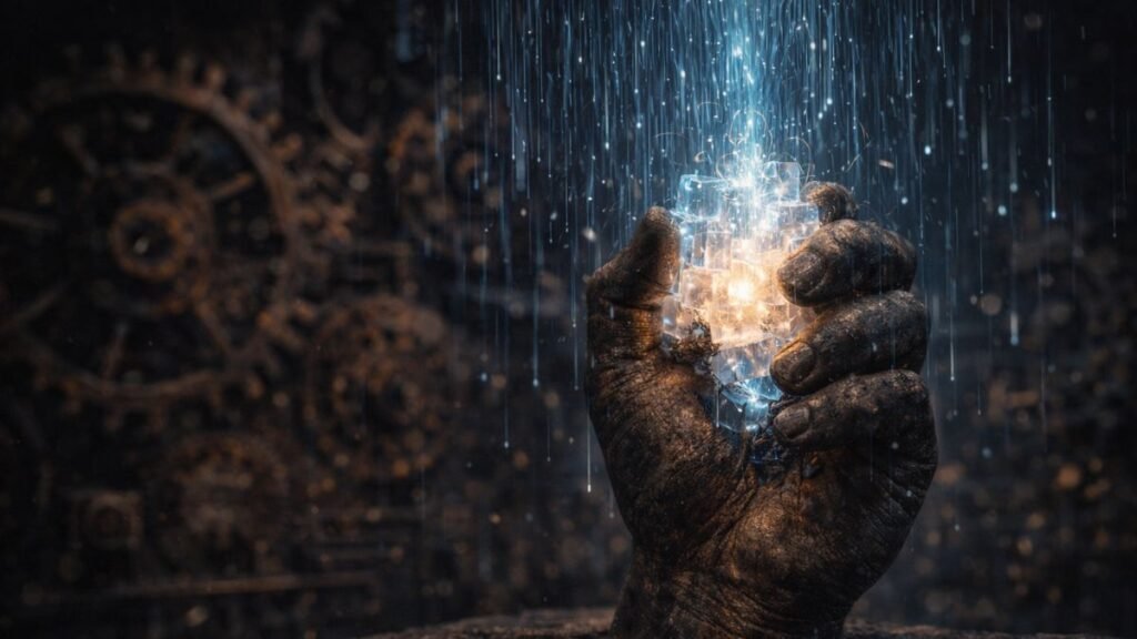Mão de bronze rústica com uma peça de cristal branco e azul incandescente no centro de um mecanismo complexo de engrenagens de metal enferrujado desfocadas ao fundo, em um museu escuro. Milhares de pequenos e finos fios neon-blue caem sobre a estrutura, obscurecendo o caminho.