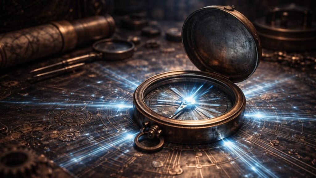 Close-up conceitual de um mecanismo de relógio de aço e bronze em freeze-frame, com trilhas de luzes caóticas douradas e brancas desfocadas ao fundo, em um workshop industrial escuro. Uma pequena peça central de cristal brilha.